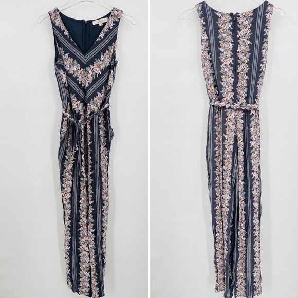 LOFT Size Small Gray Striped Floral V Neck Tie Waist Wide Leg Jumpsuit - Picture 3 of 12